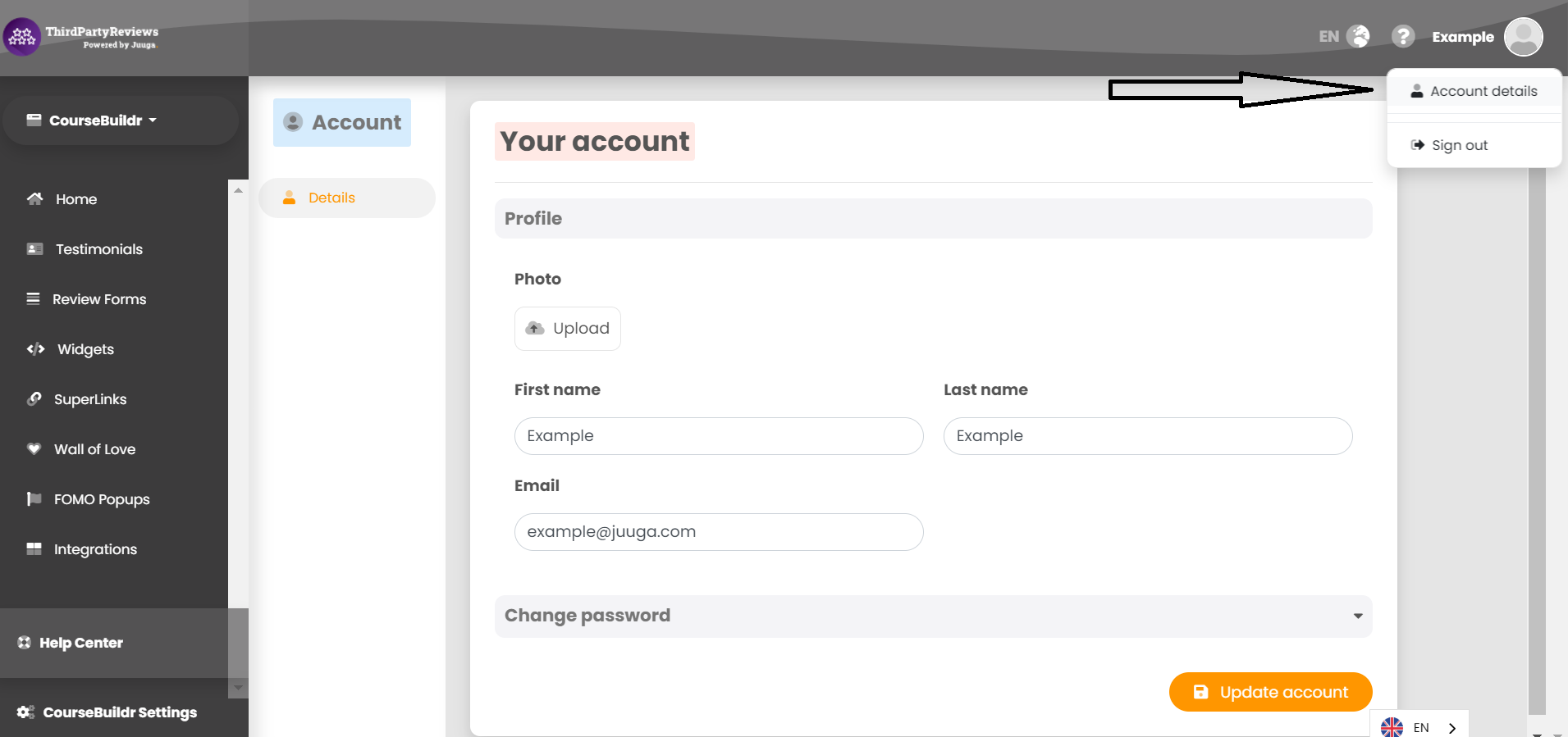 Select Account details from the dropdown menu.