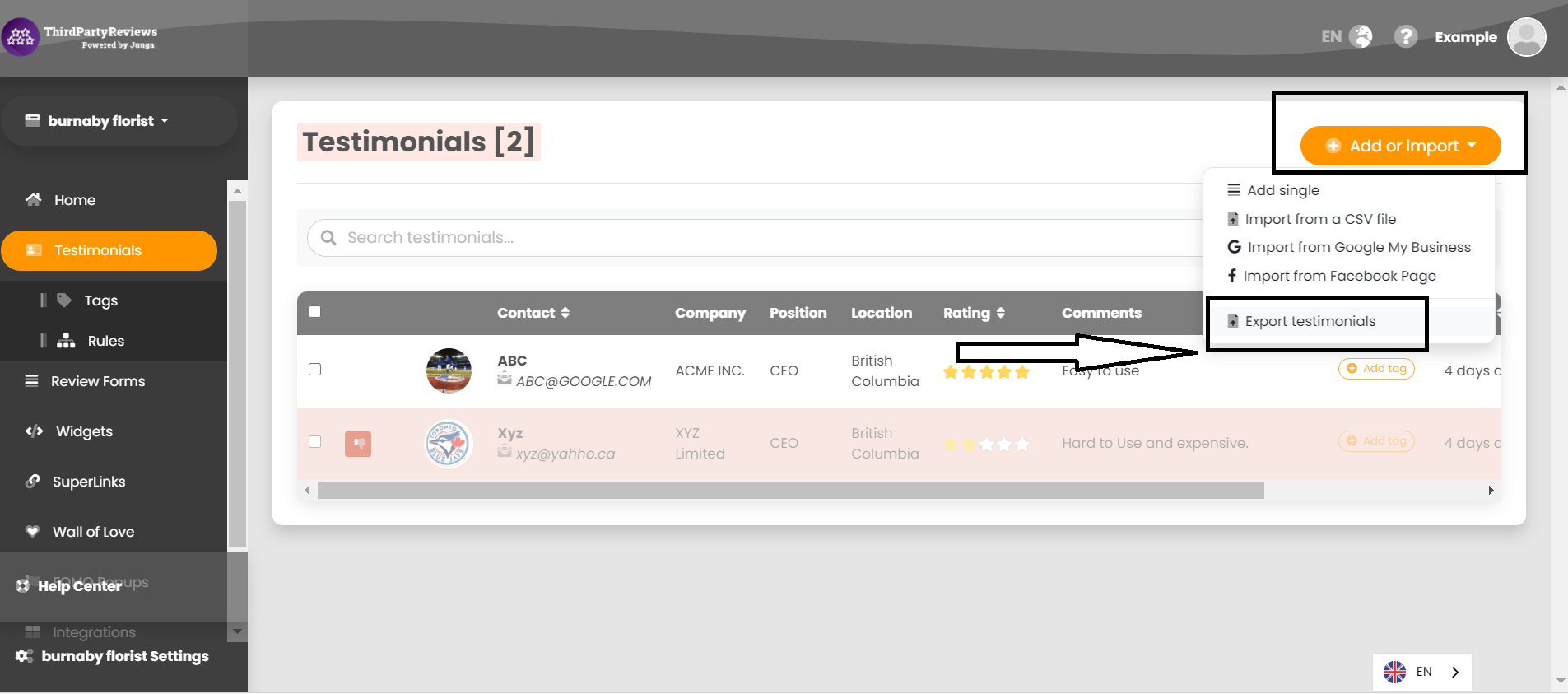 Then, click on Add or Import icon on the right top side of the page and select Export Testimonials from the down menu.